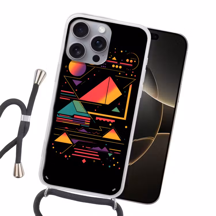 Piramides - Cirkels - Neonkleuren - Geometrisch Hoesje iPhone 16 Pro Max met koord klein -sfeer1