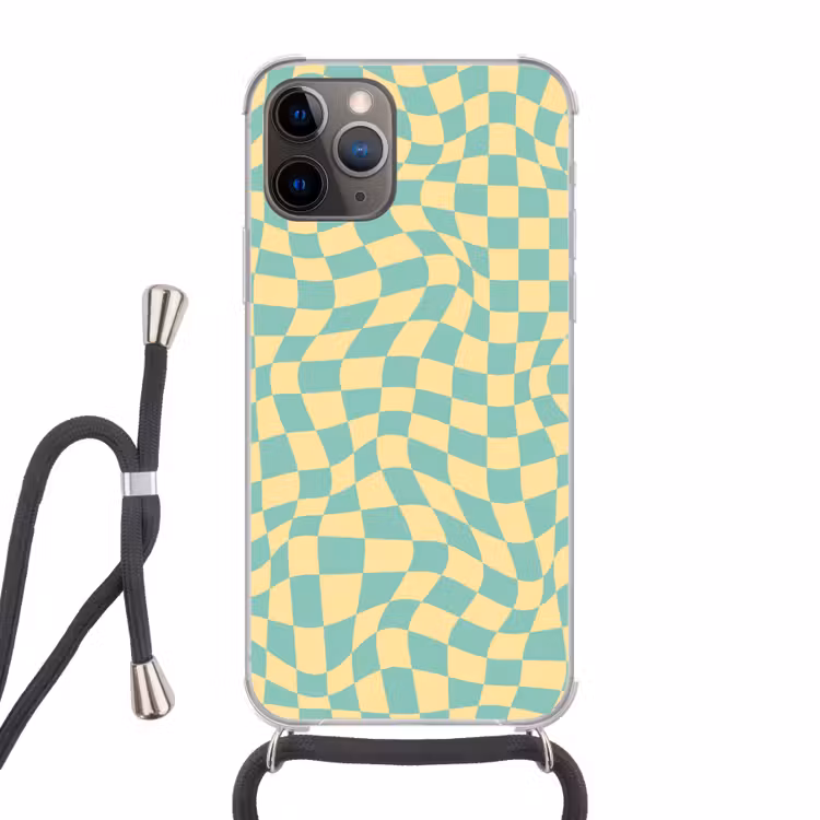Hokjes patroon - Geel - Blauw - Golvende lijnen Hoesje iPhone 12 Pro met koord klein -3d