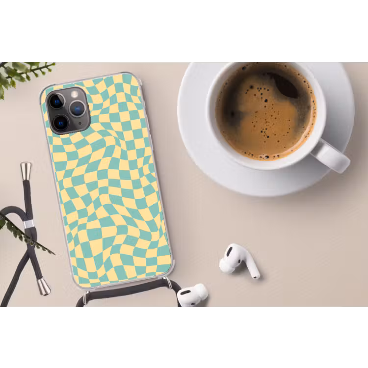 Hokjes patroon - Geel - Blauw - Golvende lijnen Hoesje iPhone 12 Pro met koord klein -oordop