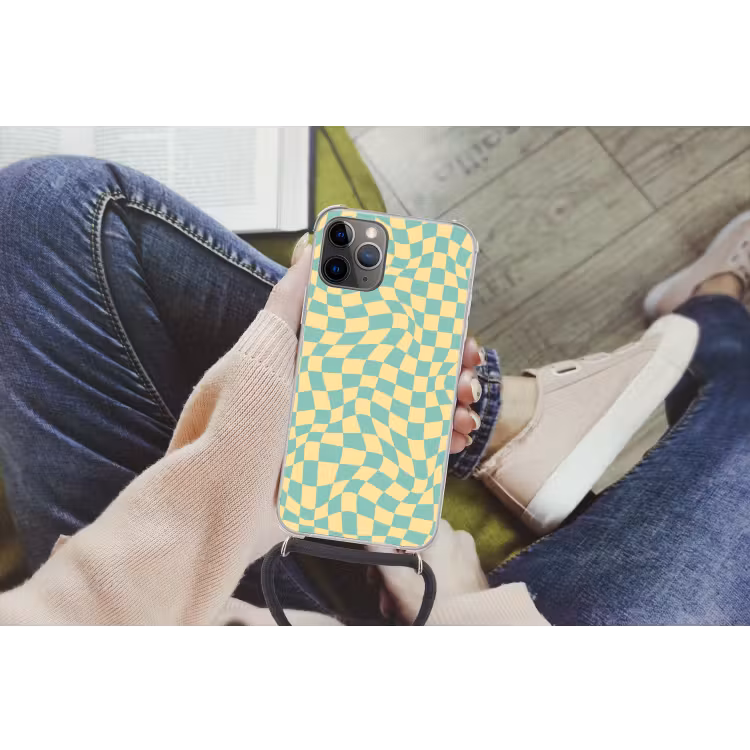 Hokjes patroon - Geel - Blauw - Golvende lijnen Hoesje iPhone 12 Pro met koord klein -hand