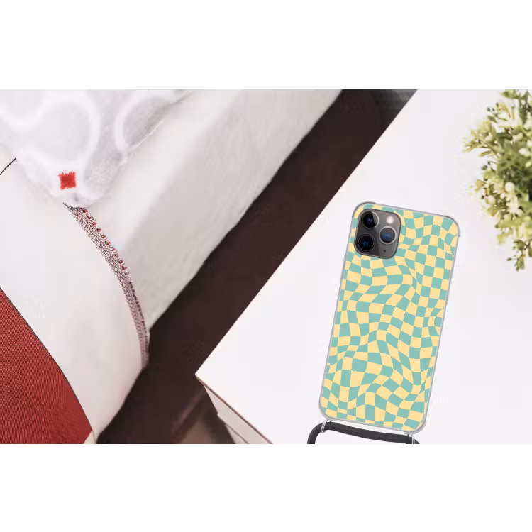 Hokjes patroon - Geel - Blauw - Golvende lijnen Hoesje iPhone 12 Pro met koord klein -kamer
