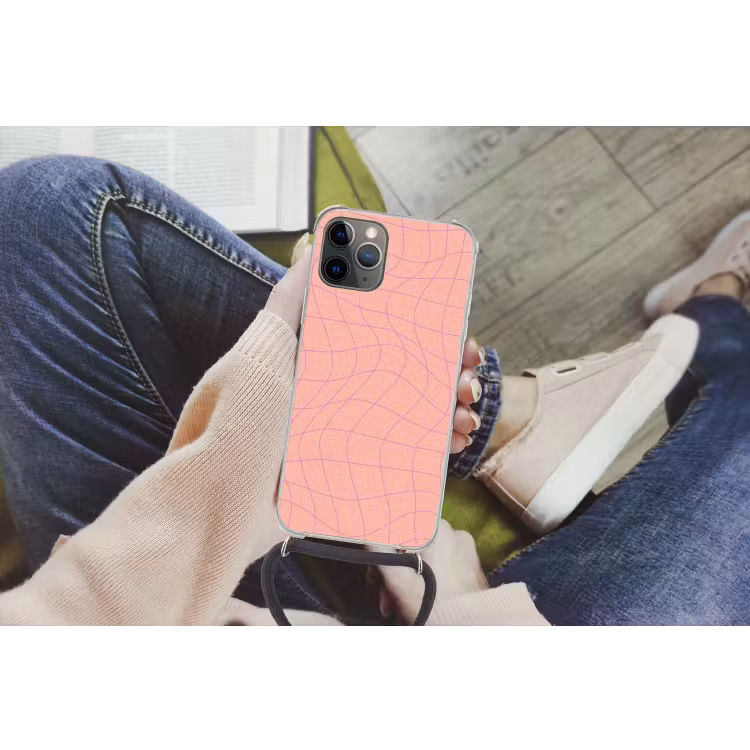 Hokjes patroon - Roze - Paars - Golvende lijnen Hoesje iPhone 12 Pro met koord klein -hand