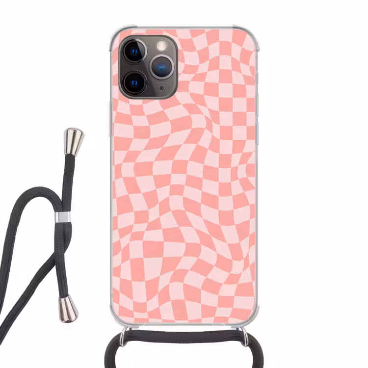 Hokjes patroon - Roze - Golvende lijnen Hoesje iPhone 12 Pro met koord klein -3d