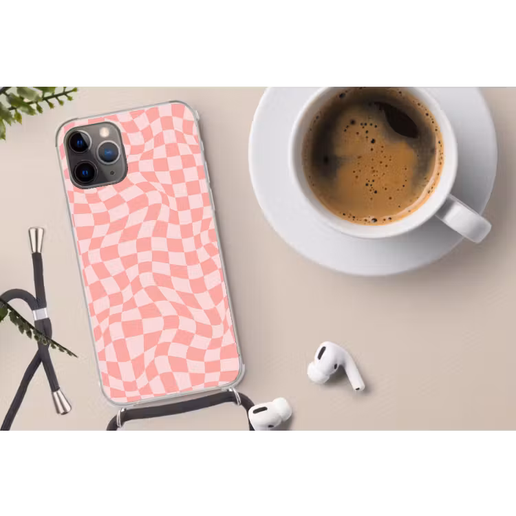Hokjes patroon - Roze - Golvende lijnen Hoesje iPhone 12 Pro met koord klein -oordop