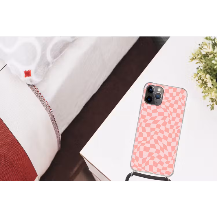 Hokjes patroon - Roze - Golvende lijnen Hoesje iPhone 12 Pro met koord klein -kamer