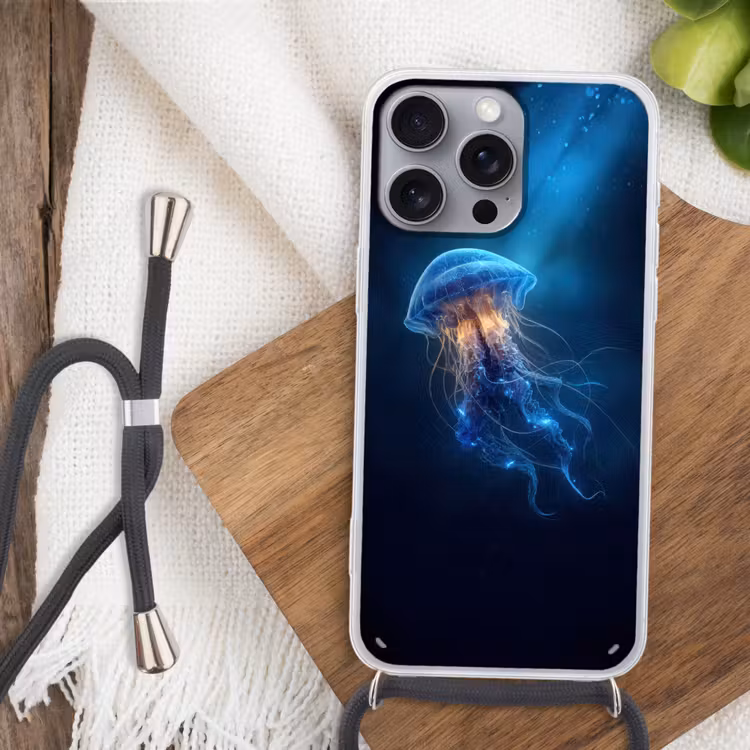 Kwal - Lichtgevend - Tentakels - Blauw Hoesje iPhone 16 Pro Max met koord klein -sfeer4