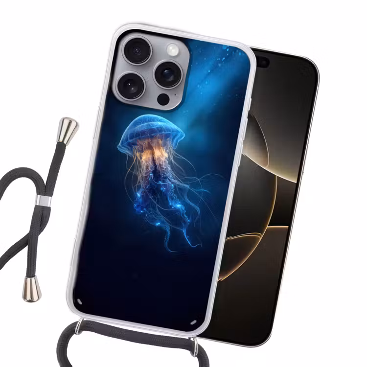 Kwal - Lichtgevend - Tentakels - Blauw Hoesje iPhone 16 Pro Max met koord klein -sfeer1