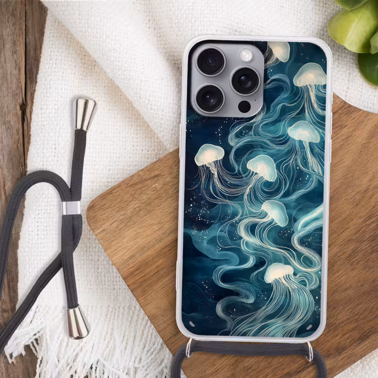 Kwallen - Zee - Wit - Golven Hoesje iPhone 16 Pro Max met koord klein -sfeer4