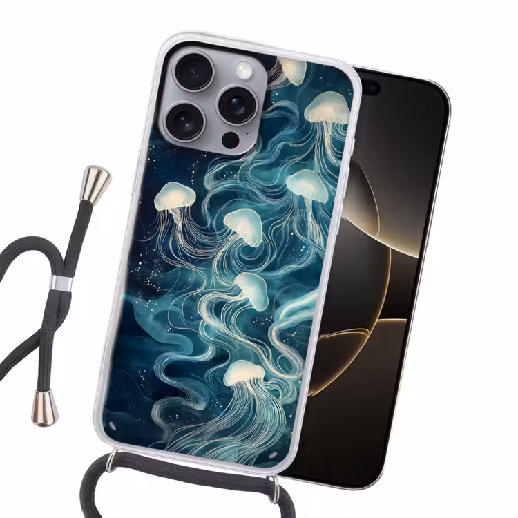 Kwallen - Zee - Wit - Golven Hoesje iPhone 16 Pro Max met koord klein -sfeer1