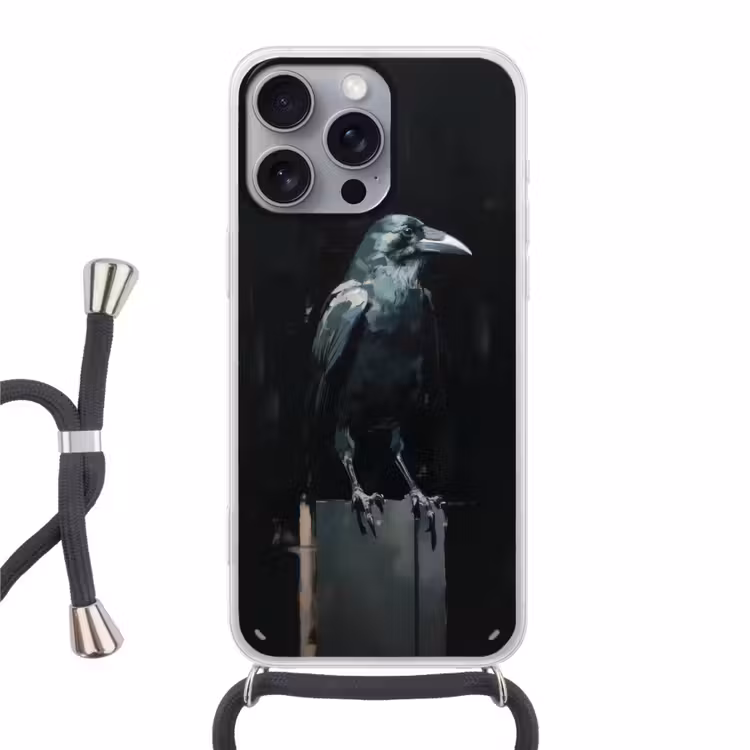 Raaf - Vogels - Zwart Hoesje iPhone 16 Pro Max met koord klein -3d