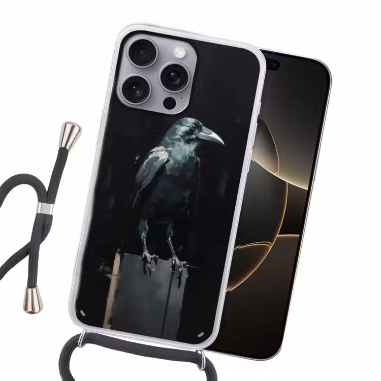 Raaf - Vogels - Zwart Hoesje iPhone 16 Pro Max met koord klein -sfeer1