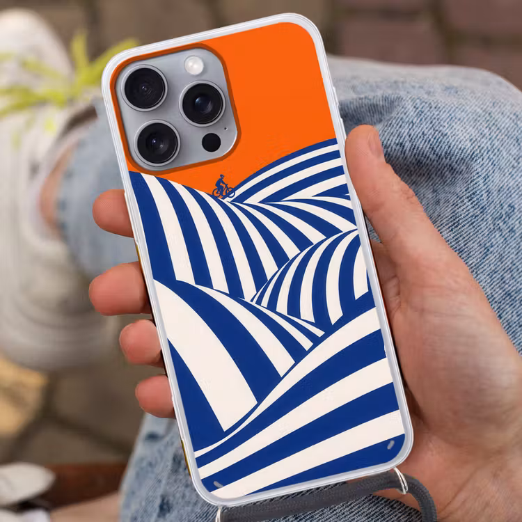 Fietser - Heuvels - Strepen - Blauw Hoesje iPhone 16 Pro Max met koord klein -sfeer3