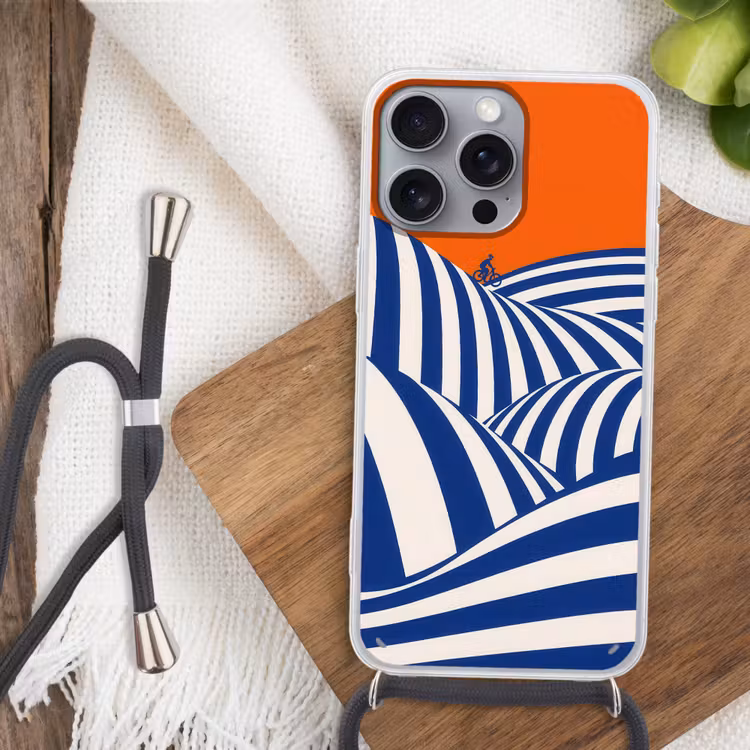 Fietser - Heuvels - Strepen - Blauw Hoesje iPhone 16 Pro Max met koord klein -sfeer4