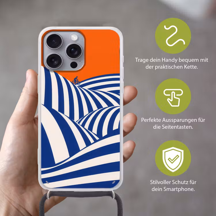 Fietser - Heuvels - Strepen - Blauw Hoesje iPhone 16 Pro Max met koord klein -sfeer2_DE