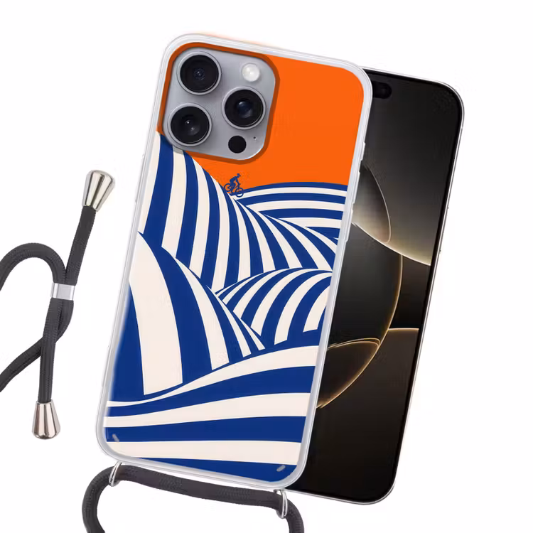Fietser - Heuvels - Strepen - Blauw Hoesje iPhone 16 Pro Max met koord klein -sfeer1