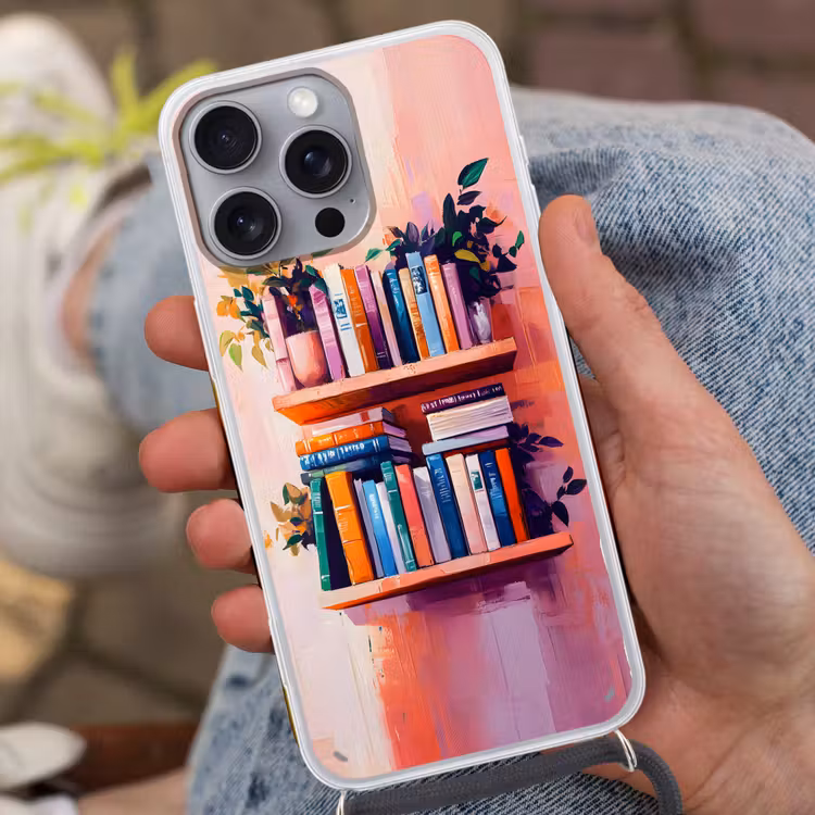 Planken - Boeken - Bladeren Hoesje iPhone 16 Pro Max met koord klein -sfeer3
