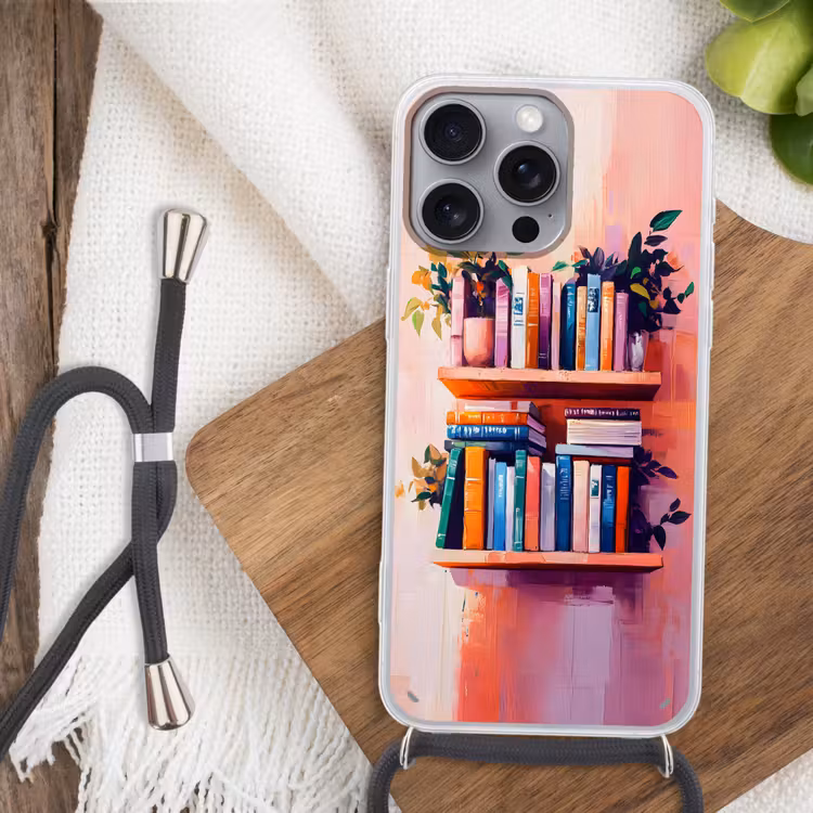 Planken - Boeken - Bladeren Hoesje iPhone 16 Pro Max met koord klein -sfeer4