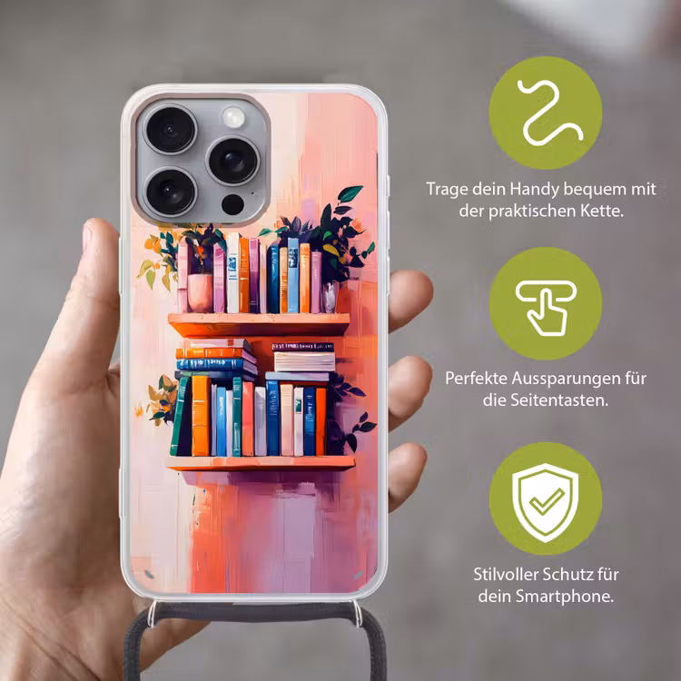 Planken - Boeken - Bladeren Hoesje iPhone 16 Pro Max met koord klein -sfeer2_DE