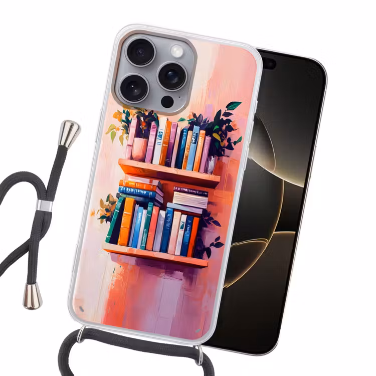 Planken - Boeken - Bladeren Hoesje iPhone 16 Pro Max met koord klein -sfeer1
