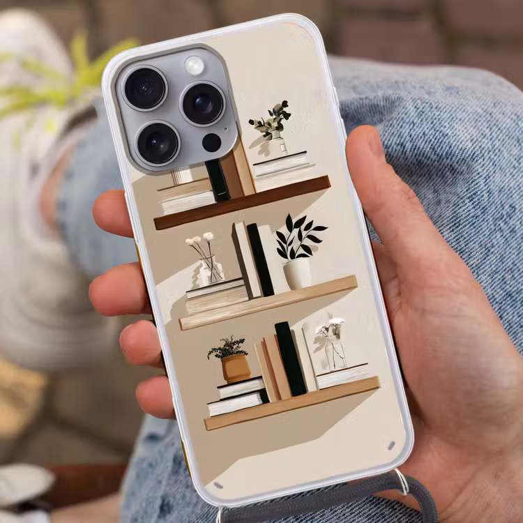 Plankjes - Boeken - Vaasjes - Planten Hoesje iPhone 16 Pro Max met koord klein -sfeer3
