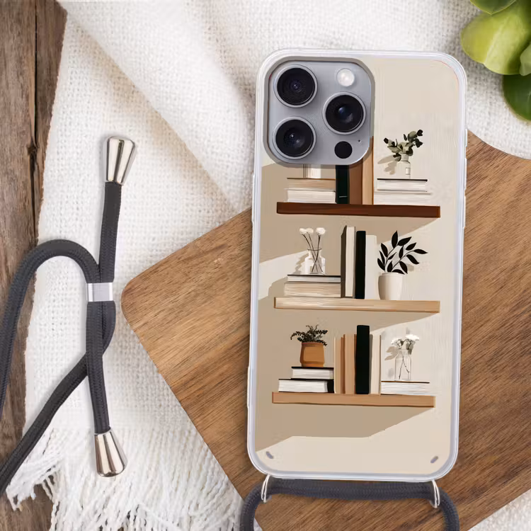 Plankjes - Boeken - Vaasjes - Planten Hoesje iPhone 16 Pro Max met koord klein -sfeer4