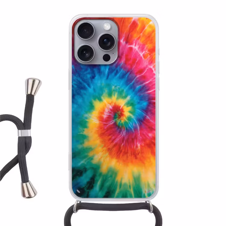 Regenboog - Tie dye - Kleurrijk - Blauw Hoesje iPhone 16 Pro Max met koord klein -3d