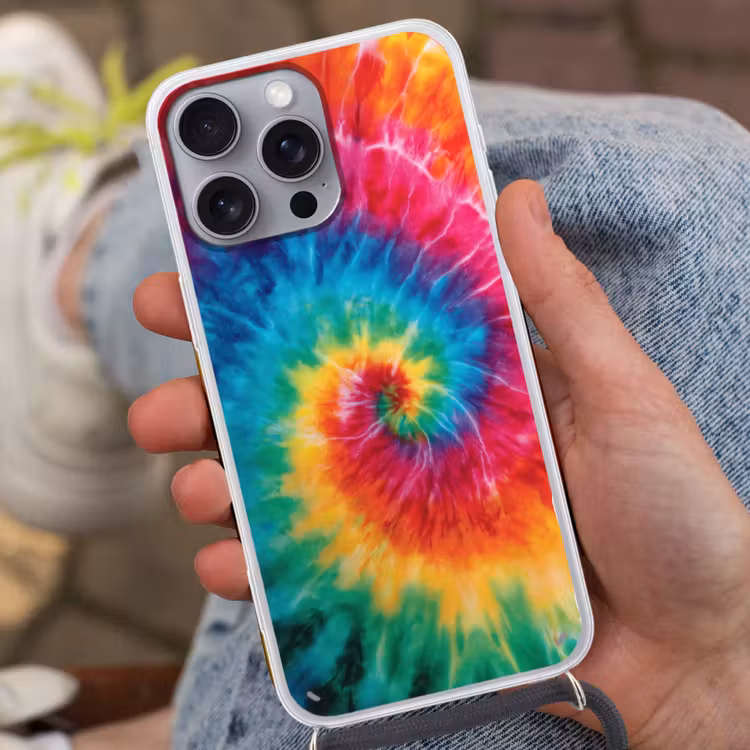 Regenboog - Tie dye - Kleurrijk - Blauw Hoesje iPhone 16 Pro Max met koord klein -sfeer3