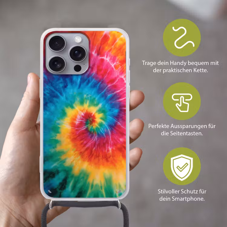 Regenboog - Tie dye - Kleurrijk - Blauw Hoesje iPhone 16 Pro Max met koord klein -sfeer2_DE