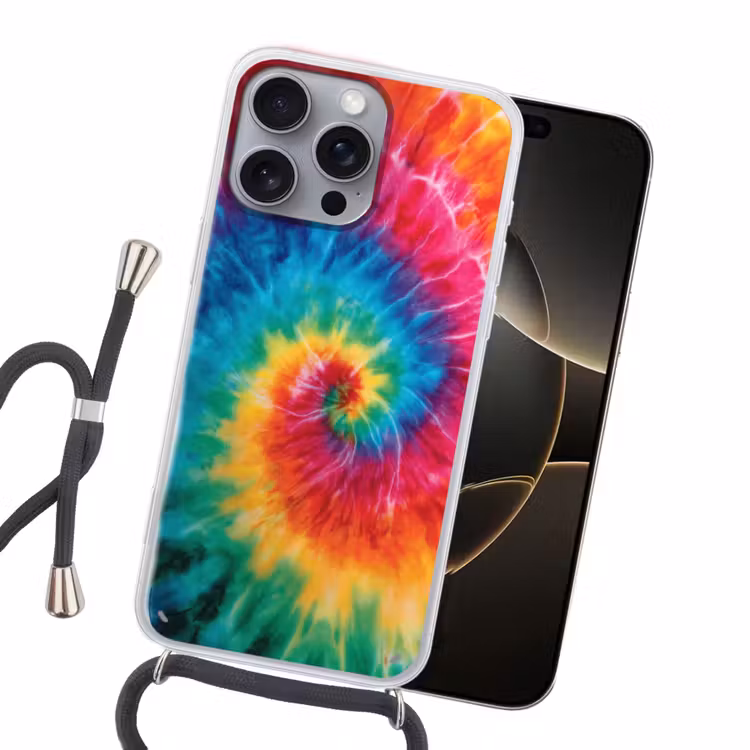 Regenboog - Tie dye - Kleurrijk - Blauw Hoesje iPhone 16 Pro Max met koord klein -sfeer1