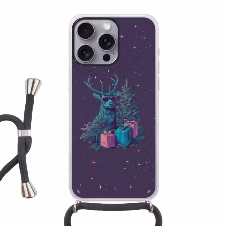 Rendier - Zonnebril - Neon - Kerstboom Hoesje iPhone 16 Pro Max met koord klein -3d