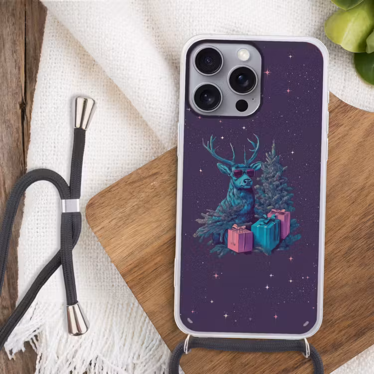 Rendier - Zonnebril - Neon - Kerstboom Hoesje iPhone 16 Pro Max met koord klein -sfeer4
