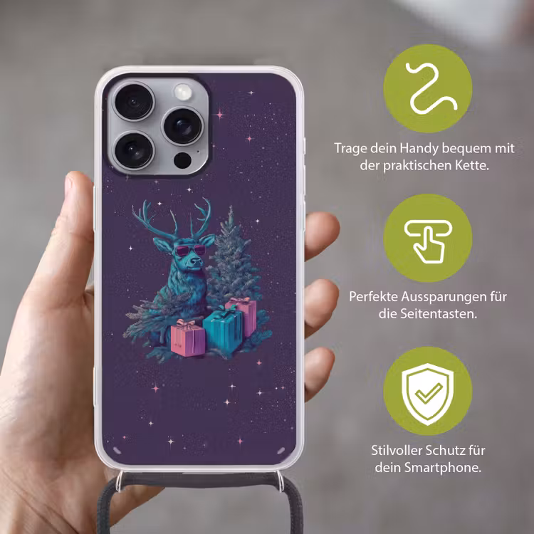 Rendier - Zonnebril - Neon - Kerstboom Hoesje iPhone 16 Pro Max met koord klein -sfeer2_DE