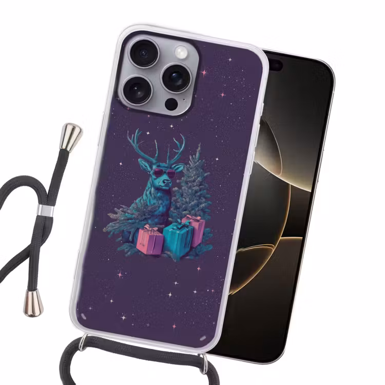 Rendier - Zonnebril - Neon - Kerstboom Hoesje iPhone 16 Pro Max met koord klein -sfeer1