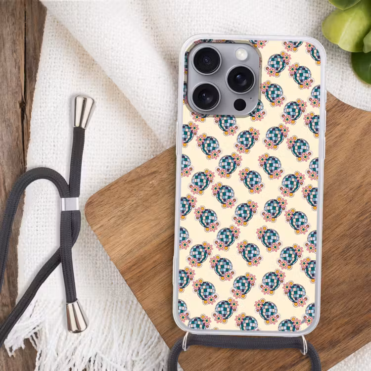 Retro - Disco - Bloemen - Discobal Hoesje iPhone 16 Pro Max met koord klein 804 -sfeer4