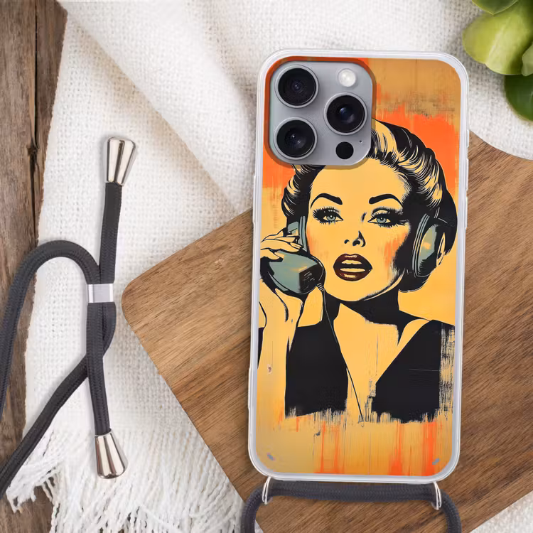 Retro - Vrouw - Koptelefoon - Oranje Hoesje iPhone 16 Pro Max met koord klein -sfeer4