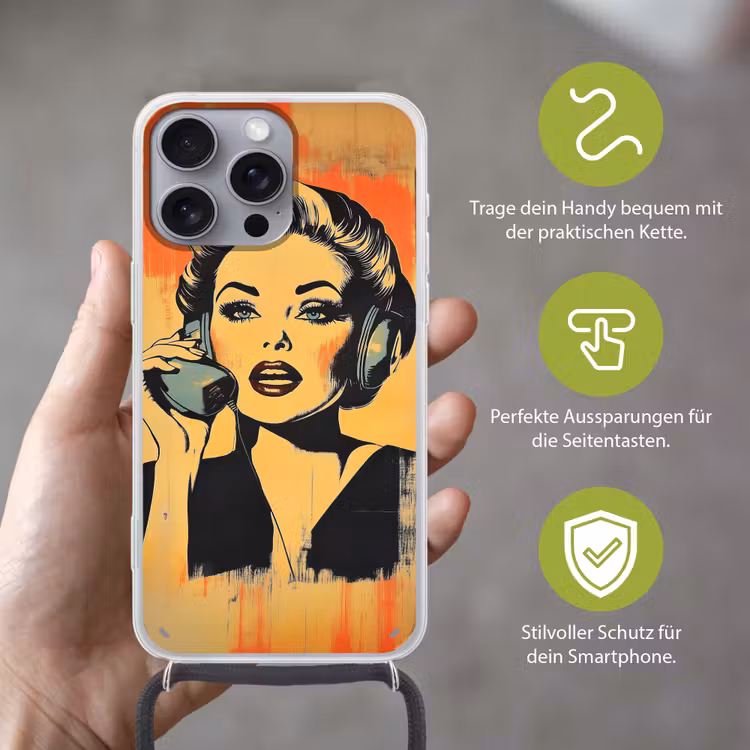 Retro - Vrouw - Koptelefoon - Oranje Hoesje iPhone 16 Pro Max met koord klein -sfeer2_DE