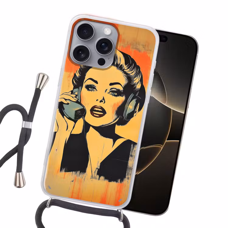 Retro - Vrouw - Koptelefoon - Oranje Hoesje iPhone 16 Pro Max met koord klein -sfeer1