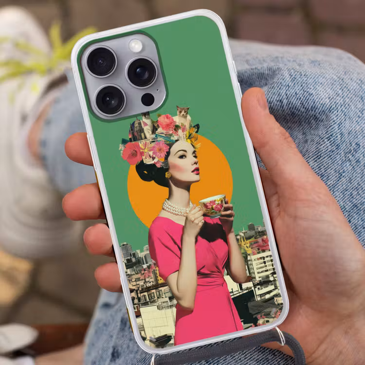 Retro - Vrouw - Stad - Zon Hoesje iPhone 16 Pro Max met koord klein -sfeer3