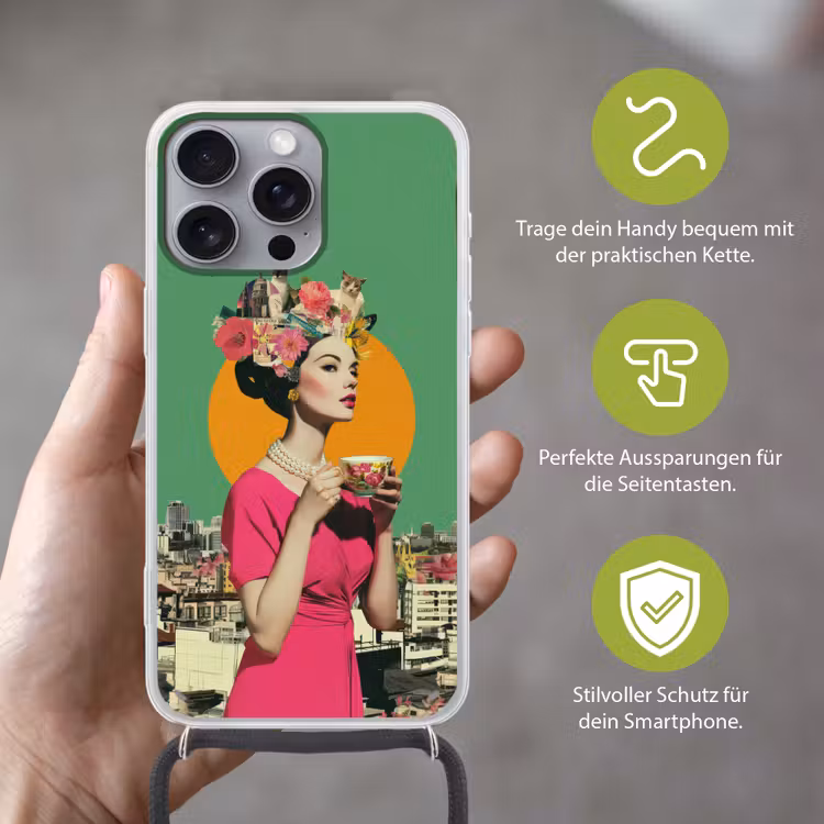 Retro - Vrouw - Stad - Zon Hoesje iPhone 16 Pro Max met koord klein -sfeer2_DE
