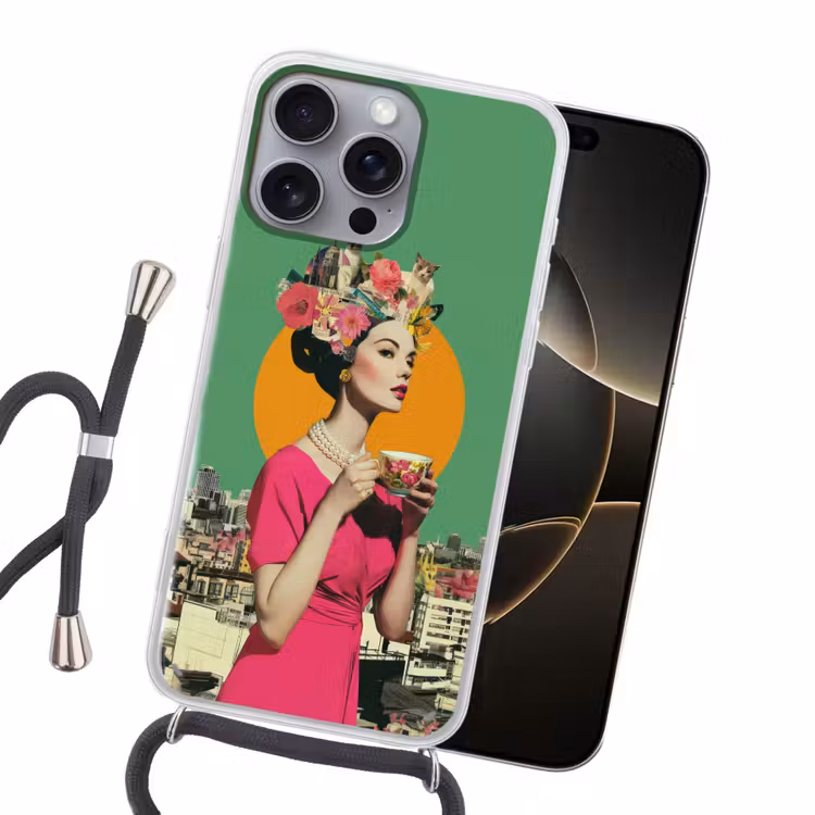 Retro - Vrouw - Stad - Zon Hoesje iPhone 16 Pro Max met koord klein -sfeer1