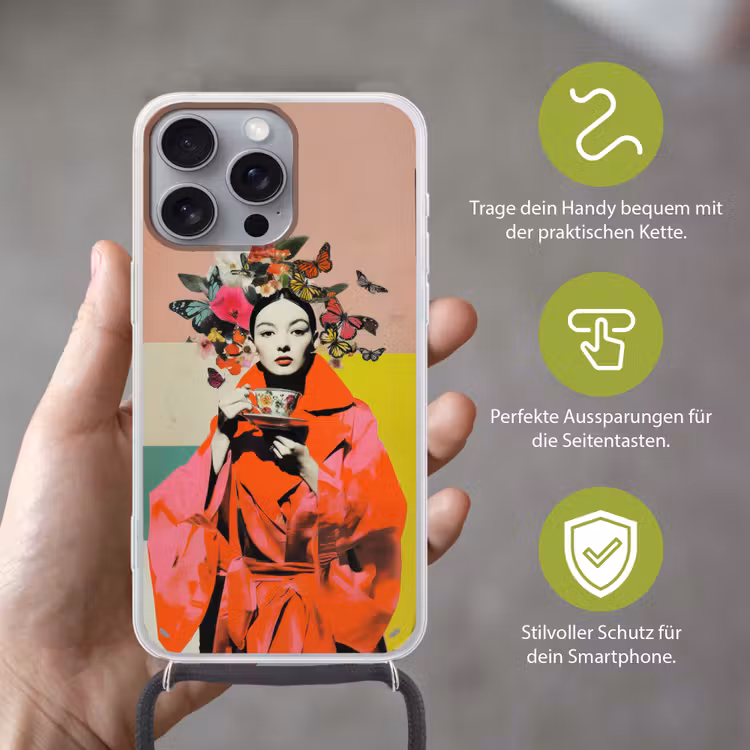 Retro - Vrouw - Kopje - Vlinders Hoesje iPhone 16 Pro Max met koord klein -sfeer2_DE