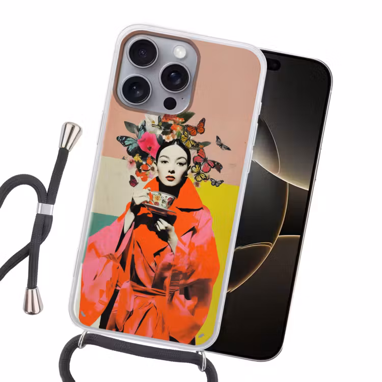 Retro - Vrouw - Kopje - Vlinders Hoesje iPhone 16 Pro Max met koord klein -sfeer1