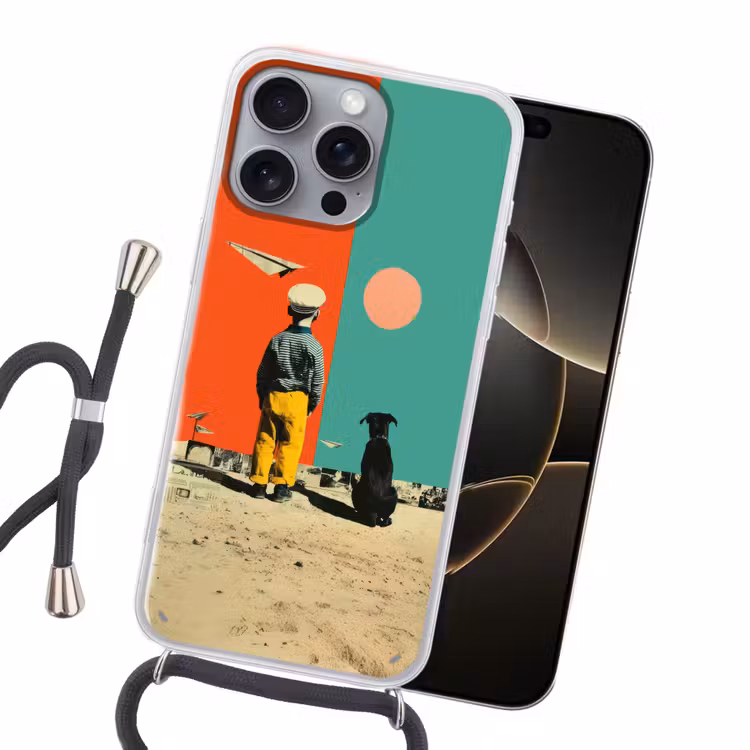 Retro - Jongen - Hond - Rood - Groen Hoesje iPhone 16 Pro Max met koord klein -sfeer1