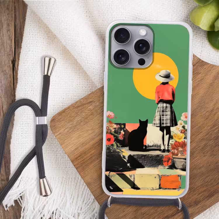 Retro - Meisje - Kat - Zon Hoesje iPhone 16 Pro Max met koord klein -sfeer4