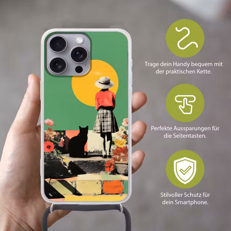 Retro - Meisje - Kat - Zon Hoesje iPhone 16 Pro Max met koord klein -sfeer2_DE