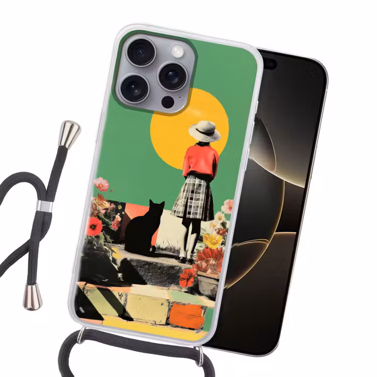 Retro - Meisje - Kat - Zon Hoesje iPhone 16 Pro Max met koord klein -sfeer1