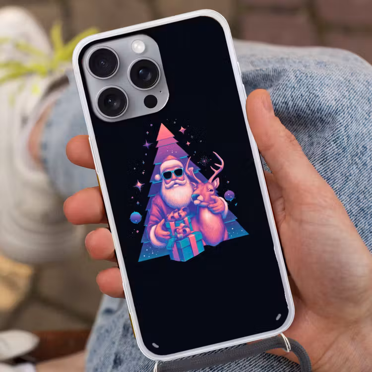Retro - Kerstman - Rendieren - Kerstboom Hoesje iPhone 16 Pro Max met koord klein -sfeer3