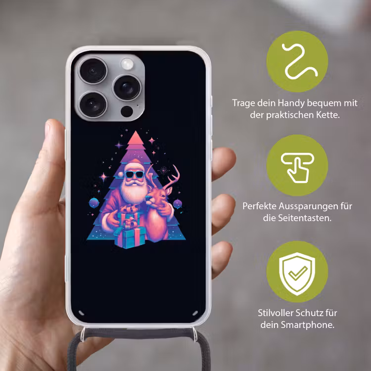 Retro - Kerstman - Rendieren - Kerstboom Hoesje iPhone 16 Pro Max met koord klein -sfeer2_DE