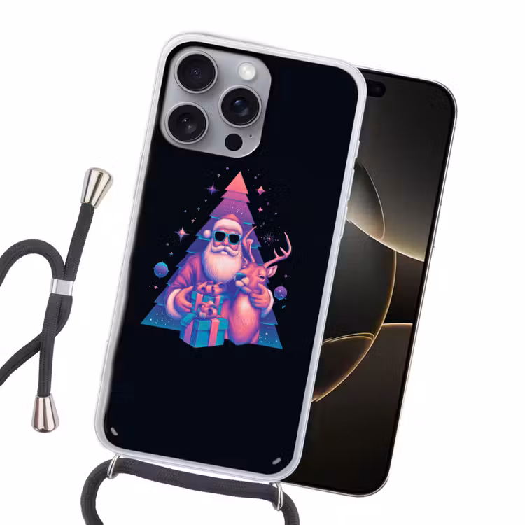 Retro - Kerstman - Rendieren - Kerstboom Hoesje iPhone 16 Pro Max met koord klein -sfeer1