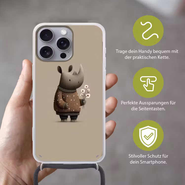 Neushoorn - Witte bloemen - Lief Hoesje iPhone 16 Pro Max met koord klein -sfeer2_DE